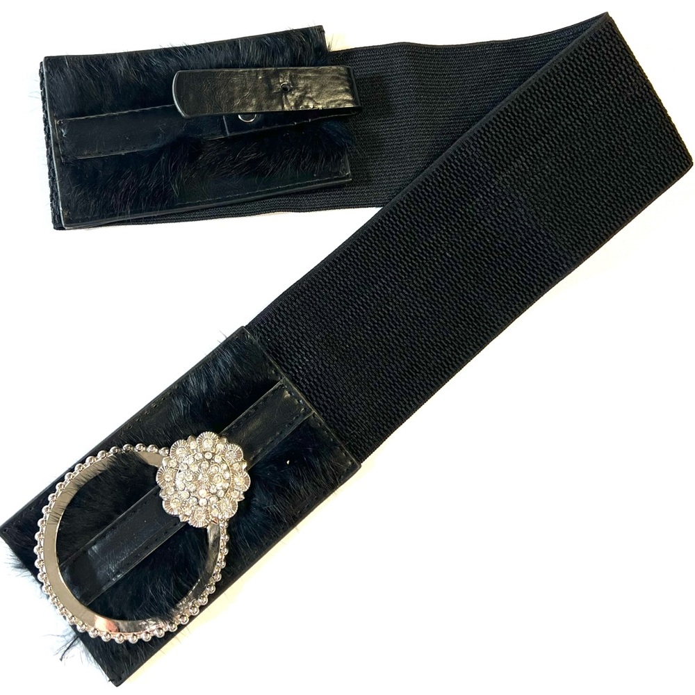 New Women’s Black Faux Fur Rhinestone Wide Stretch Elastic Belt